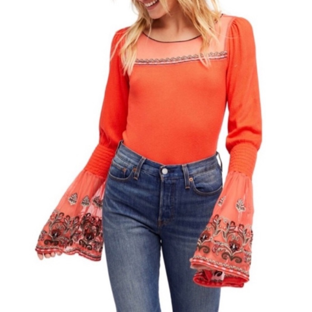 Free People High Tides Top‎ Vibrant Orange Blouse with Bell Sleeves